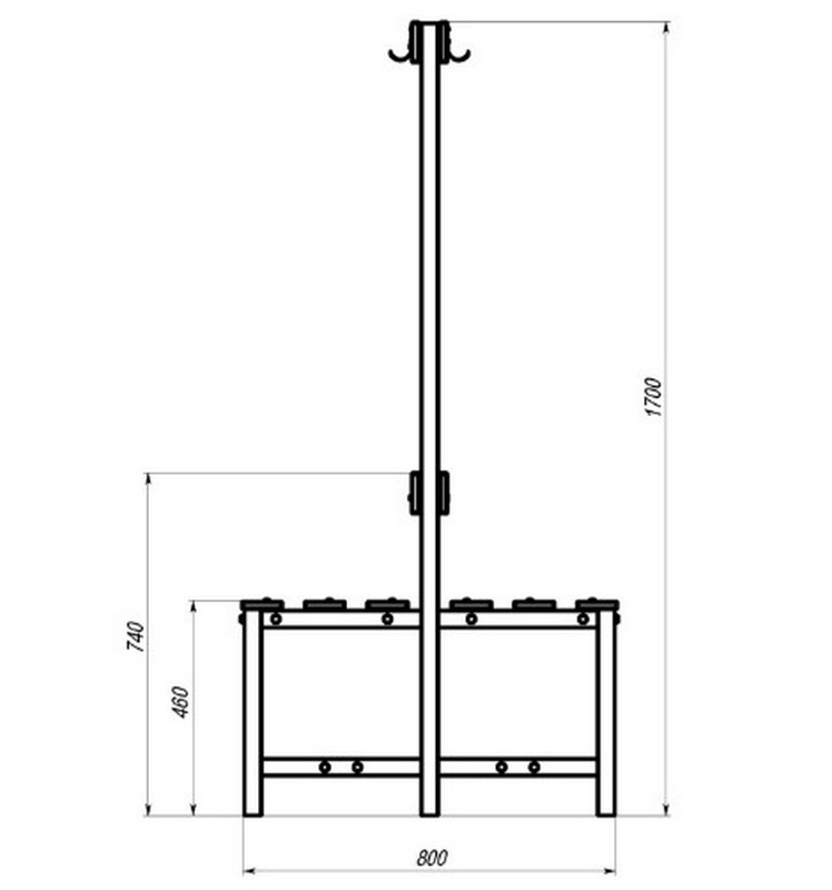 Скамейка с вешалкой для раздевалок двухсторонняя, 120 см Spektr Sport цельная 748_800